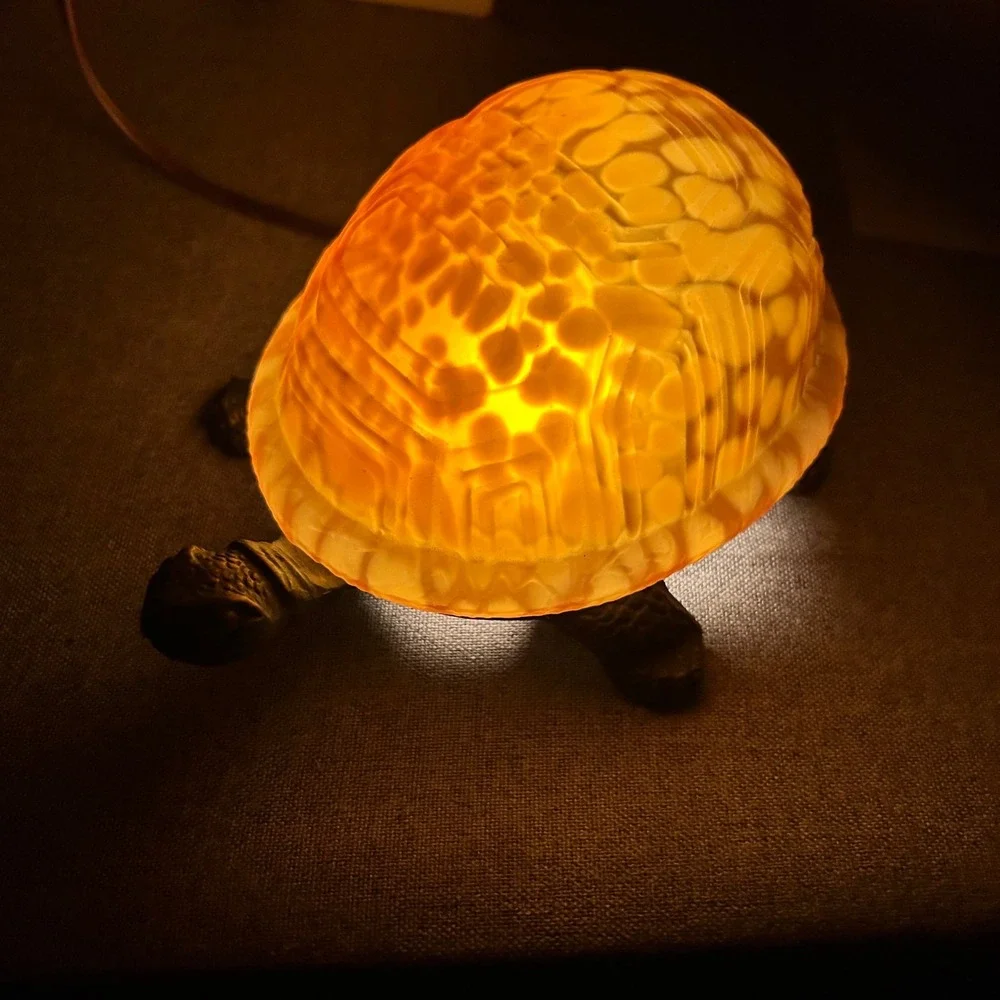 Vintage Turtle Accent Lamp Amber Glass Shell Bronze Metal Base 8.5in
